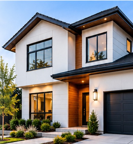 Modern home with fresh exterior finishes and landscaped entry
